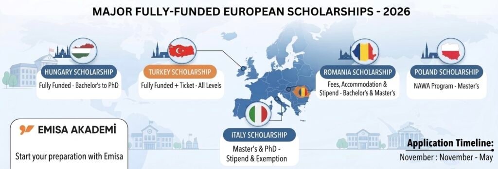 Infographic showing major fully-funded European scholarships for 2026 including Hungary, Turkey, Romania, Italy, and Poland, with application timelines and branding by Emisa Akademi.