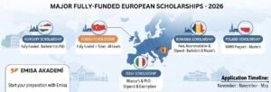 Infographic showing major fully-funded European scholarships for 2026 including Hungary, Turkey, Romania, Italy, and Poland, with application timelines and branding by Emisa Akademi.
