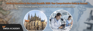 Banner for Emisa Academy promoting medical education in the Czech Republic for 2026, featuring St. Vitus Cathedral in Prague and medical students using a microscope