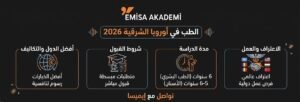 Infographic by Emisa Academy explaining the guide to studying medicine in Eastern Europe for 2026: best countries and costs, simplified admission requirements, 6-year study duration, and international recognition for working abroad