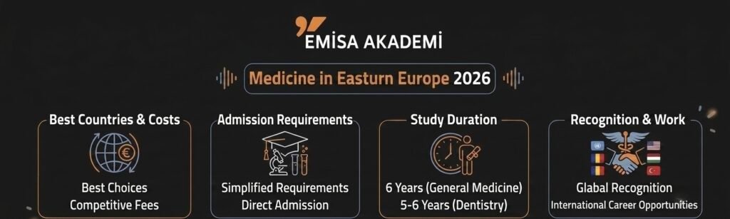 Emisa Academy English infographic summarizing medical study in Eastern Europe for 2026. The graphic features four sections: "Best Countries & Costs" showing a globe and Euro sign; "Admission Requirements" showing a graduation cap, microscope, and direct admission details; "Study Duration" specifying 6 years for Medicine and 5-6 for Dentistry; and "Recognition & Work" showing international flags, a handshake, and career opportunities. A Call-to-Action in Arabic at the bottom says "Contact Emisa."