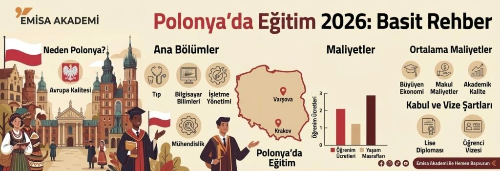 Polonya'da eğitim 2026 rehberi infografiği. Emisa Akademi logolu görselde Polonya üniversite bölümleri, haritası (Varşova ve Krakow), eğitim maliyetleri, kabul ve vize şartları Türkçe olarak açıklanmaktadır.