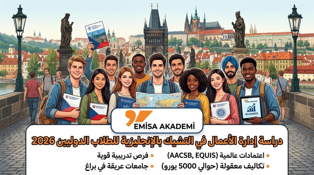 "Emisa Akademi logo in an image for an article about studying business administration for international students in the Czech Republic 2026"