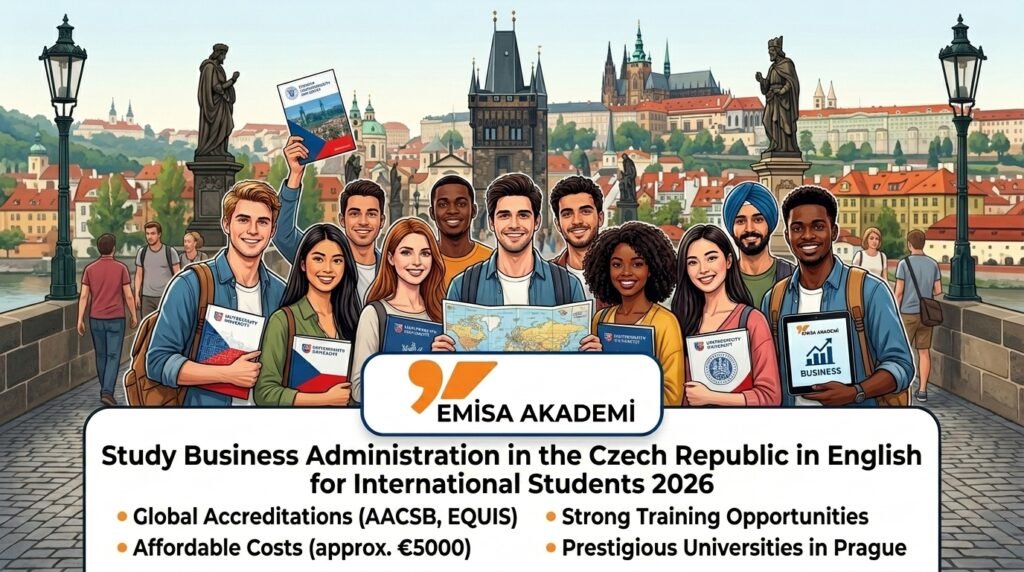 "Emisa Akademi logo in an image for an article about studying business administration for international students in the Czech Republic 2026"