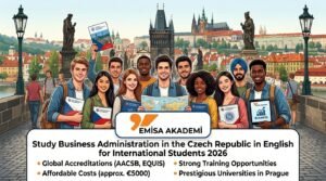 "Emisa Akademi logo in an image for an article about studying business administration for international students in the Czech Republic 2026"