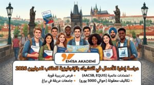 "Emisa Akademi logo in an image for an article about studying business administration for international students in the Czech Republic 2026"