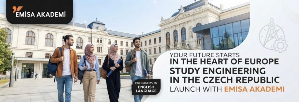Students walking on a university campus representing Emisa Akademi's engineering study programs in the Czech Republic.