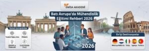 Emisa Akademi 2026 Batı Avrupa mühendislik eğitimi rehberi infografiği. Almanya, Hollanda, İtalya, İspanya ve Portekiz bayrakları ile yazılım, mekanik, elektrik ve enerji uzmanlık ikonlarını gösteren illüstrasyon.