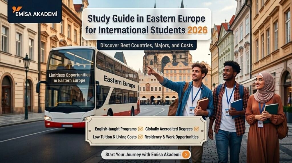 An informational banner for a Study Guide in Eastern Europe for International Students 2026, featuring three students (one female in hijab, two male) pointing at old European buildings, with text detailing English-taught programs and low tuition, by Emisa Akademi.