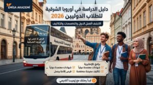 Promotional banner for international students highlighting the advantages of studying in Eastern Europe in 2026, featuring the Emisa Akademi logo, a city background with diverse students, and text in Arabic explaining low tuition fees and English-taught programs.