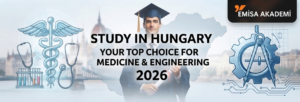 Promotional image for studying in Hungary in 2026, featuring a university graduate, symbols of medicine and engineering, and the Emisa Akademi logo.