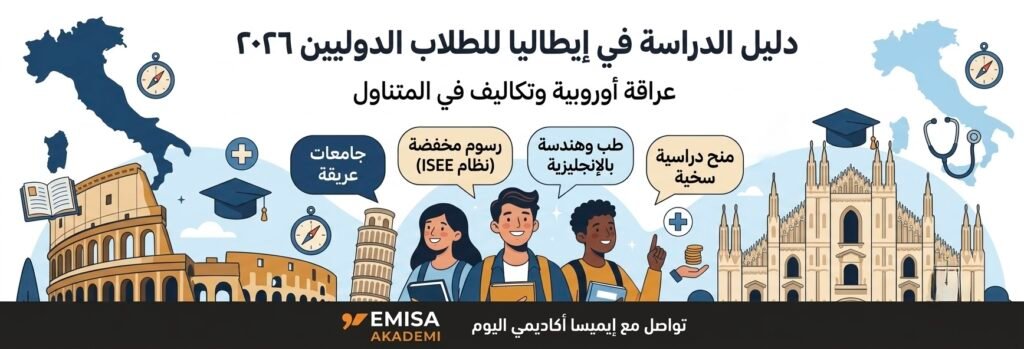 "An illustrative graphic by Emisa Academy detailing the 2026 study guide in Italy for international students, featuring Italian landmarks like the Leaning Tower of Pisa and the Colosseum, and highlighting the benefits of scholarships, reduced ISEE tuition fees, and medical and engineering programs taught in English."