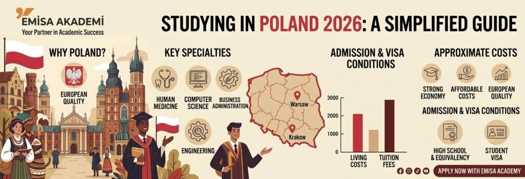 "Infographic titled 'Studying in Poland 2026: A Simplified Guide' by Emisa Academy. It includes sections on why to study in Poland (European quality), key specialties (Medicine, Computer Science, Business, Engineering), admission and visa conditions (high school equivalency and student visa), approximate living costs versus tuition fees, and a map highlighting Warsaw and Krakow."