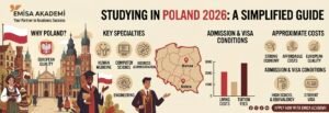 "Infographic titled 'Studying in Poland 2026: A Simplified Guide' by Emisa Academy. It includes sections on why to study in Poland (European quality), key specialties (Medicine, Computer Science, Business, Engineering), admission and visa conditions (high school equivalency and student visa), approximate living costs versus tuition fees, and a map highlighting Warsaw and Krakow."