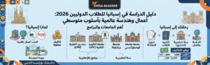 "A detailed infographic showing the 2026 study guide in Spain for international students with Emisa Academy, covering business schools, engineering specializations, cost of living, and application steps like visa and university admission.
