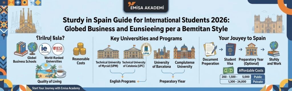 "A detailed infographic showing the 2026 study guide in Spain for international students with Emisa Academy, covering business schools, engineering specializations, cost of living, and application steps like visa and university admission.