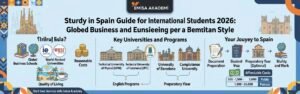 "A detailed infographic showing the 2026 study guide in Spain for international students with Emisa Academy, covering business schools, engineering specializations, cost of living, and application steps like visa and university admission.