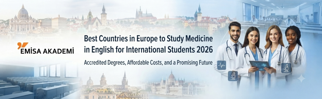 International students studying medicine in English at universities in Europe in 2026, featuring Emisa Akademi consulting services for a promising medical career.