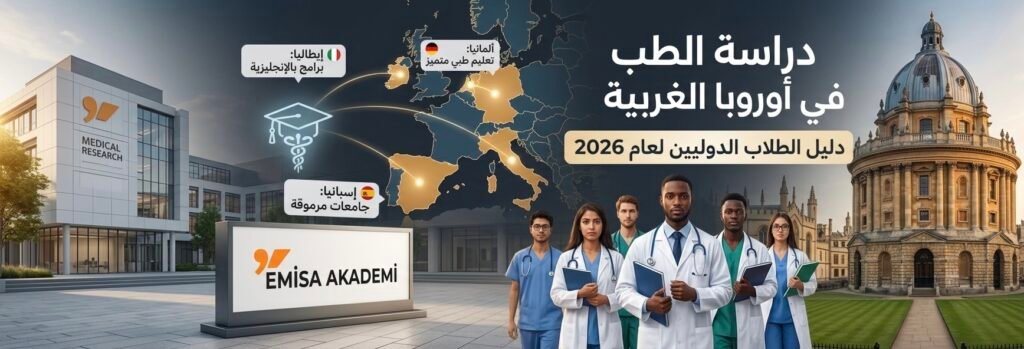 "Guide to studying medicine in Western Europe for international students 2026 with Emisa Academy - Map of medical universities in Germany, Italy, and Spain"