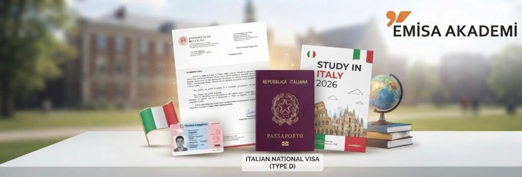 "Italy 2026 study visa documents: passport, university acceptance letter, and residence permit, featuring the Emisa Academy logo."