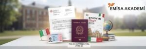 "Italy 2026 study visa documents: passport, university acceptance letter, and residence permit, featuring the Emisa Academy logo."