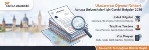 "Uluslararası Öğrenci Rehberi ve 2026 Avrupa Üniversiteleri İçin Gerekli Belgeler kılavuzunu tanıtan, Emisa Akademi logolu, üzerinde resmi evraklar, büyüteç ve kabul belgeleri, tasdik ve tercüme ile vize dosyası başlıklarını gösteren banner görseli."
