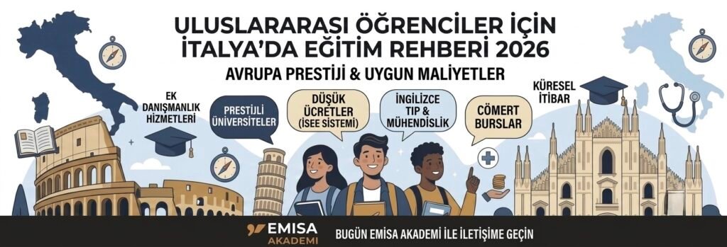 Uluslararası Öğrenciler İçin İtalya'da Eğitim Rehberi 2026 infografiği - Emisa Akademi Avrupa'da prestijli üniversiteler, düşük harç ücretleri, İngilizce tıp ve mühendislik eğitimi.