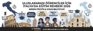 Uluslararası Öğrenciler İçin İtalya'da Eğitim Rehberi 2026 infografiği - Emisa Akademi Avrupa'da prestijli üniversiteler, düşük harç ücretleri, İngilizce tıp ve mühendislik eğitimi.
