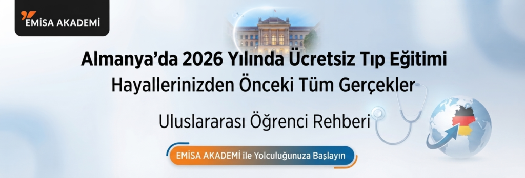 Almanya’da 2026 yılında ücretsiz tıp eğitimi, uluslararası öğrenciler için kabul şartları, Almanca gereksinimleri ve Emisa Akademi rehberliği hakkında bilgi veren banner görseli.