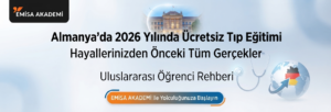 Almanya’da 2026 yılında ücretsiz tıp eğitimi, uluslararası öğrenciler için kabul şartları, Almanca gereksinimleri ve Emisa Akademi rehberliği hakkında bilgi veren banner görseli.