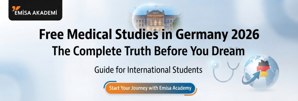 Banner for Emisa Academy titled Free Medical Studies in Germany 2026: The Complete Truth Before You Dream, with a guide for international students and a call-to-action button to start your journey.