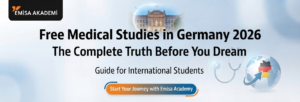 Banner for Emisa Academy titled Free Medical Studies in Germany 2026: The Complete Truth Before You Dream, with a guide for international students and a call-to-action button to start your journey.