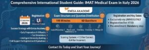 Comprehensive International Student Guide: IMAT Medical Exam in Italy 2026 layout by Emisa Akademi showing exam dates, structure, and registration details.