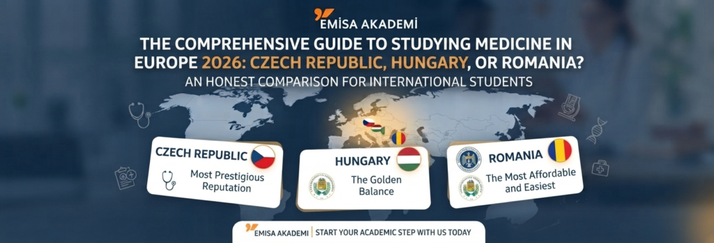infographic comparing medical studies in Czech Republic, Hungary, and Romania for 2026 by Emisa Akademi. Shows costs and reputation for international students.