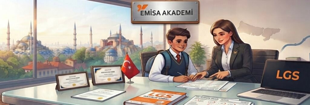 استشارة تعليمية عن امتحان LGS 2026 في إيميسا أكاديمي: طالب يوقع على أوراق التسجيل لامتحان LGS في مكتب بإسطنبول يطل على جامع السلطان أحمد وآيا صوفيا."