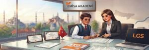 استشارة تعليمية عن امتحان LGS 2026 في إيميسا أكاديمي: طالب يوقع على أوراق التسجيل لامتحان LGS في مكتب بإسطنبول يطل على جامع السلطان أحمد وآيا صوفيا."
