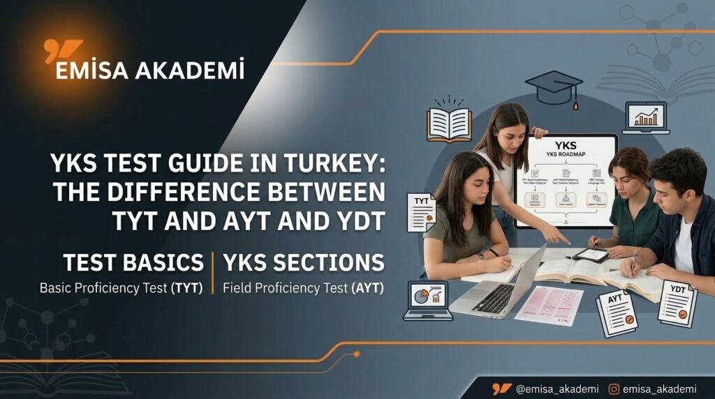 Article featured image for the YKS exam guide in Turkey, explaining the differences between TYT, AYT, and YDT exams by Emisa Akademi.