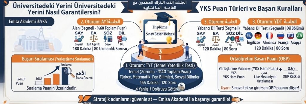 Türkiye'deki YKS (Yükseköğretim Kurumları Sınavı) sistemini, TYT, AYT ve YDT oturumlarını, başarı sıralamasının önemini, OBP hesaplama formülünü ve Emisa Akademi'nin sınav stratejilerini özetleyen Türkçe infografik görseli.