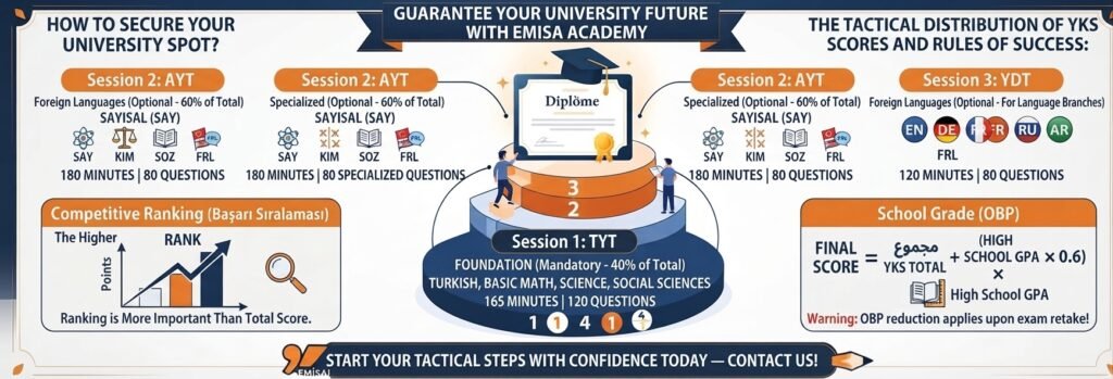 An infographic titled "The Tactical Distribution of YKS Scores and Rules of Success," detailing the three exam sessions (TYT, AYT, YDT), competitive ranking (Başarı Sıralaması), OBP school grade calculation formulas, and steps to secure university placement with Emisa Academy.