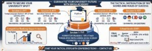 An infographic titled "The Tactical Distribution of YKS Scores and Rules of Success," detailing the three exam sessions (TYT, AYT, YDT), competitive ranking (Başarı Sıralaması), OBP school grade calculation formulas, and steps to secure university placement with Emisa Academy.