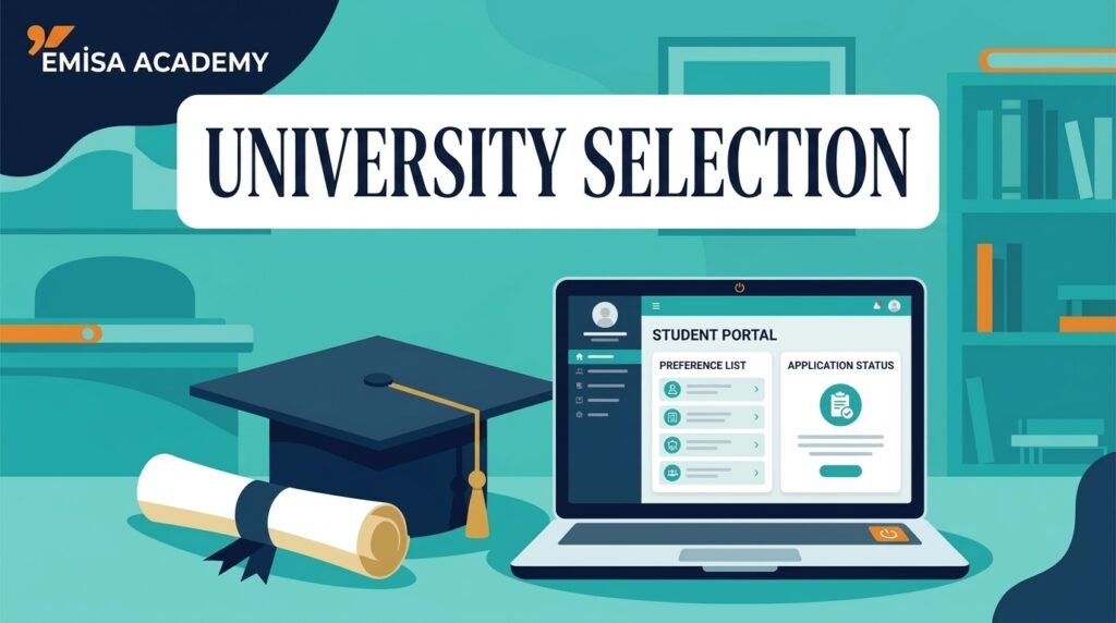 A vector infographic with a teal background shows a white banner with text "UNIVERSITY SELECTION". At the top left, the logo and text "EMISA ACADEMY" appear. Below the banner are an academic cap, a scroll, and an open laptop with a student portal interface including a menu, preference list, and application status details. A bookshelf is on the far right.