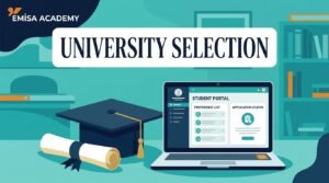 A vector infographic with a teal background shows a white banner with text "UNIVERSITY SELECTION". At the top left, the logo and text "EMISA ACADEMY" appear. Below the banner are an academic cap, a scroll, and an open laptop with a student portal interface including a menu, preference list, and application status details. A bookshelf is on the far right.