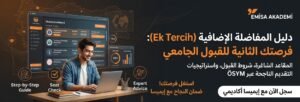 An educational banner from Emisa Academy about the Ek Tercih (additional placement) process for Turkish universities, featuring a student working at a computer alongside admission step guides and available seat check dashboards