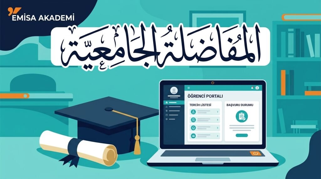 Emisa Akademi logo with Turkish university preference registration and laptop