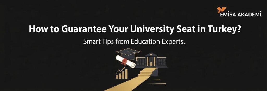 How to Guarantee Your University Seat in Turkey infographic banner by Emisa Akademi featuring smart tips from education experts.