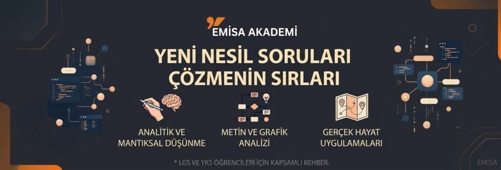 Emisa Akademi'nin analitik düşünme, metin ve grafik analizi ile gerçek hayat uygulamaları gibi başlıklarla LGS ve YKS öğrencileri için Yeni Nesil Soruları Çözmenin Sırlarını anlatan banner grafiği
