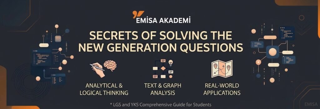 An infographic banner for Emissa Academy titled "Secrets of Solving the New Generation Questions", highlighting analytical and logical thinking, text and graph analysis, and real-world applications for LGS and YKS students.