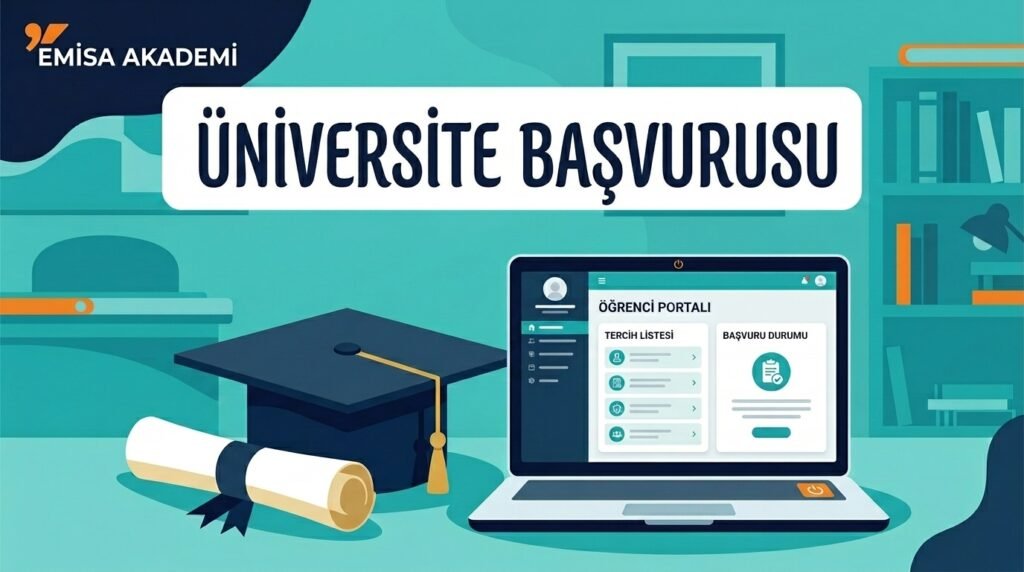 An illustration of a university application process, showing a laptop with the Emisa Akademi logo and a graduation cap and diploma on a desk