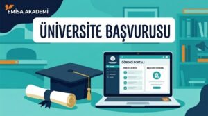 An illustration of a university application process, showing a laptop with the Emisa Akademi logo and a graduation cap and diploma on a desk