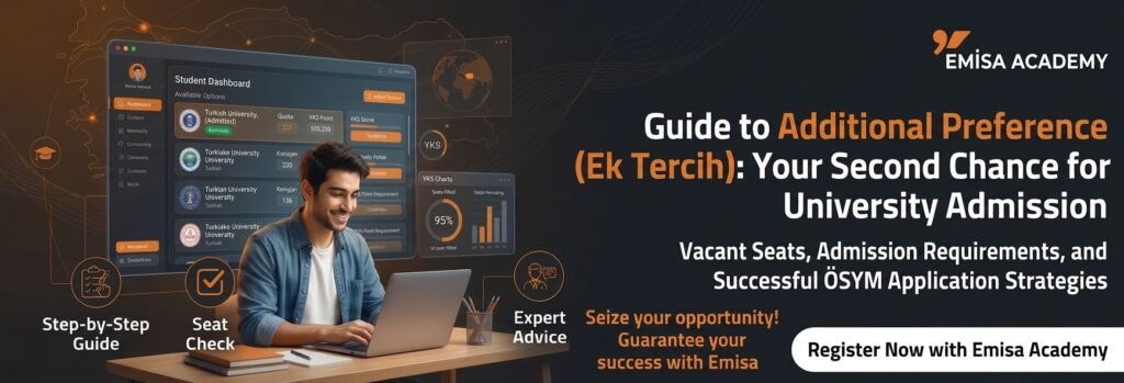 A wide banner image from Emisa Academy showing a male student using a laptop and looking at a large digital dashboard. Floating screens display university options (Turkish University, Turkiske University, Turklan University), available seats, and charts. Text on the right reads: "Guide to Additional Preference (Ek Tercih): Your Second Chance for University Admission. Vacant Seats, Admission Requirements, and Successful ÖSYM Application Strategies." Below are four feature icons: "Step-by-Step Guide," "Seat Check," and "Expert Advice." A call-to-action button reads Register Now with Emisa Academy.